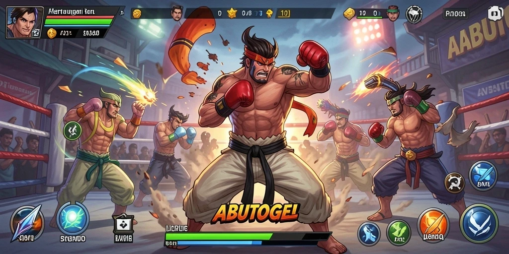 Tangkapan layar dari gameplay ABUTOGEL yang menunjukkan pertarungan seru.