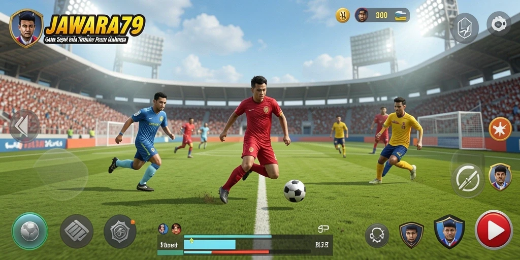 Tampilan gameplay realistik dari JAWARA79 dengan aksi sepak bola yang mendebarkan.