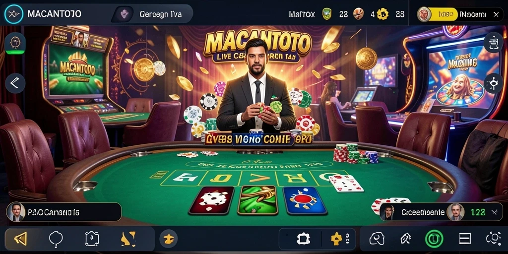 Screenshot utama MACANTOTO menampilkan dealer langsung dalam permainan kasino.