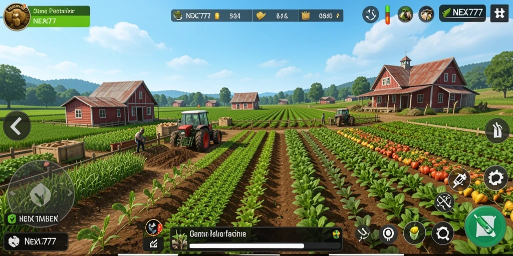 Screenshot utama NEX777 menampilkan gameplay bertani yang seru dan interaktif.