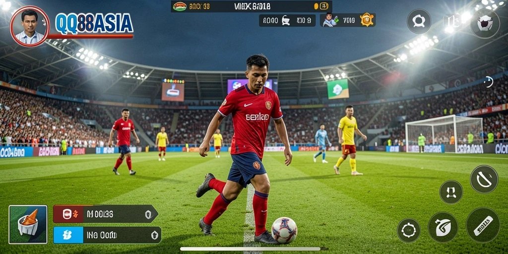 Screenshot utama QQ88ASIA menampilkan gameplay sepak bola yang mendebarkan.