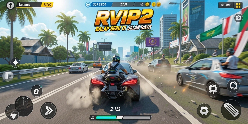 Screenshot gameplay RVIP2 menampilkan aksi balap yang mendebarkan.