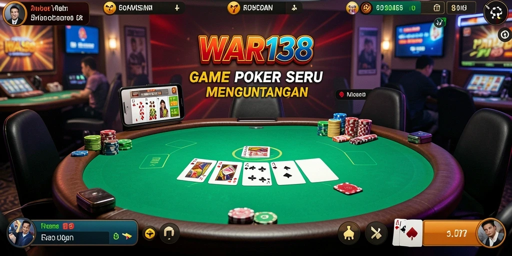 Tampilan gameplay seru Poker di WAR138, menampilkan aksi seru dan keputusan strategis.